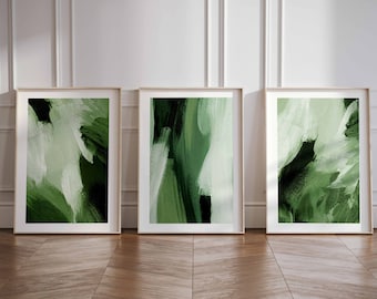 Emerald Green Abstract Set of 3 Prints, Abstract Art Painting, Gallery Wall Set, Dark Green Wall Art, Minimalist Wall Art, Living Room Decor