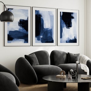 Blaues Abstraktes Set von 3 Drucken, Abstrakte Kunst, Galeriewand-Set, Dunkelblau, Wohnzimmer Wanddekor, Abstrakte Malerei Poster, Marine Wandkunst