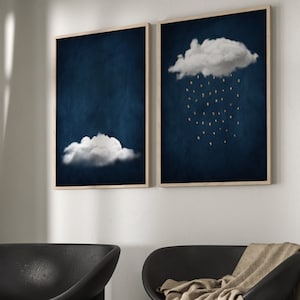 2er Set Blau und Gold Wolken Prints, Überbett Dekor, Regenwolke Poster, Dunkelblaues Dekor, Maximalist Dekor, Schlafzimmer Wohnzimmer Wand dekor