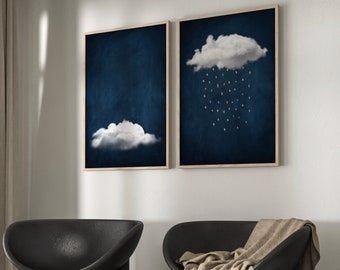 Set of 2 Blue and Gold Cloud Prints, Above Bed Decor, Rain Cloud Poster, Dark Blue Decor, Maximalist Decor, Bedroom Living Room Wall Decor