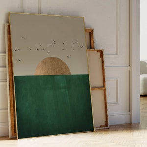 Impresión de arte de pared solar verde y dorado, pájaros, dorado, arte de pared japonés, decoración verde esmeralda, minimalista, decoración ecléctica, arte de pared grande