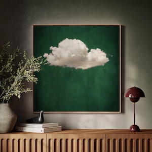 Vintage Moody Cloud Canvas Art, Emerald Dark Green Decor, Floating Framed Art, Square Print, Minimalist, Large Living Room Decor,