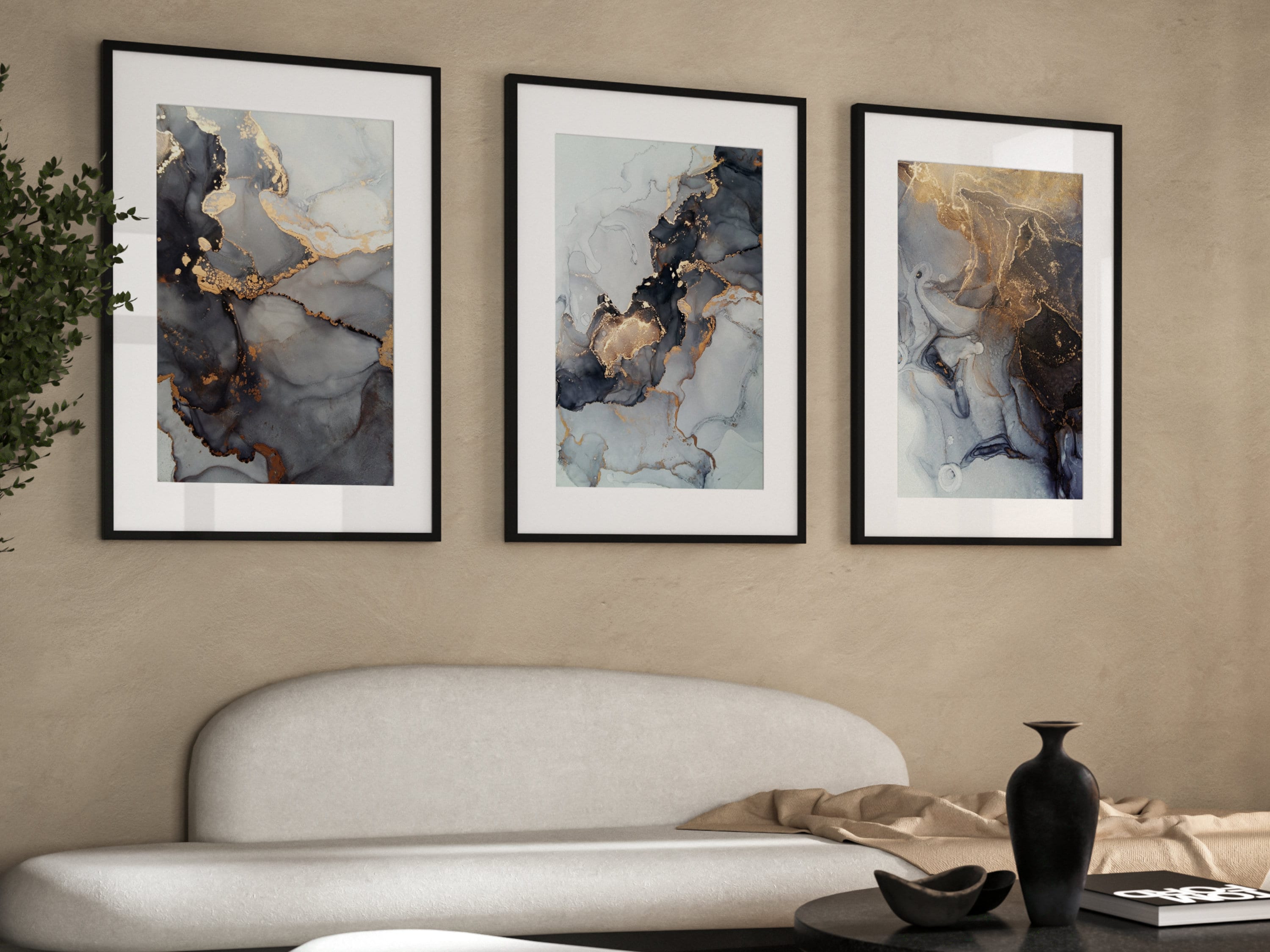 Grey and Gold Abstract Wall Art · Set of 3 Prints · Black and Gold Wall ...