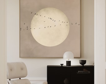 Japandi Moon Canvas Wall Art, Framed Flock of Birds Print, Feng Shui Neutral Decor, Japanese Sun Art, Large Living Room Decor, Oriental Art