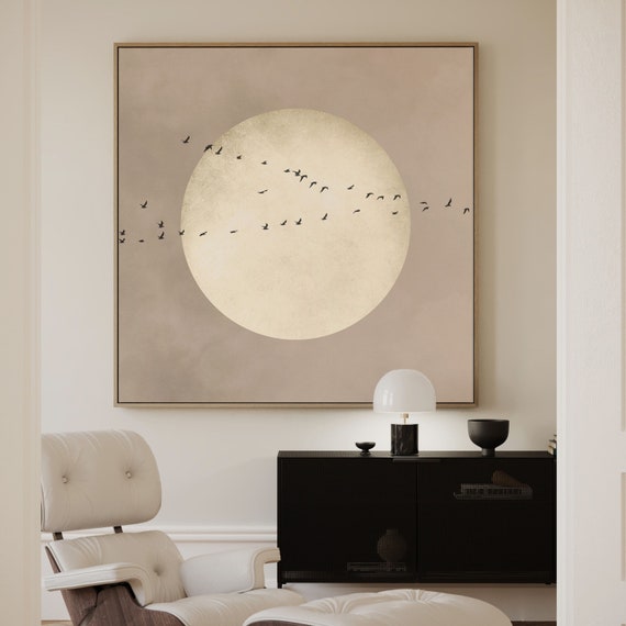 Japandi Moon Canvas Wall Art, Framed Flock of Birds Print, Feng Shui Neutral Decor, Japanese Sun Art, Large Living Room Decor, Oriental Art