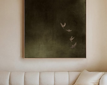 Earthy Olive Green Flying Birds Canvas Wall Art, Framed Flock Formation Print, Japandi Wabi Sabi Art, Large Living Room Decor, Zen Art