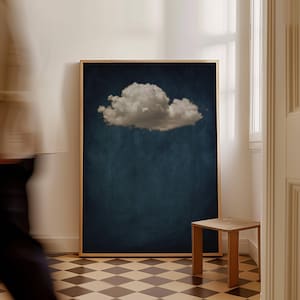Impressão de arte de parede em tela Moody Cloud, arte emoldurada em azul escuro, decoração de sala de estar grande, pintura abstrata vintage, arte minimalista para quarto, arte zen