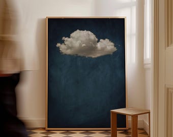Moody Cloud Canvas Wall Art Print, Dark Blue Framed Art, Large Living Room Decor, Vintage Abstract Painting, Minimalist Bedroom Art, Zen Art