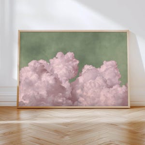 Arte de parede em nuvem de creme-limão, impressão horizontal, arte abstrata, arte minimalista, arte panorâmica, decoração pastel, decoração verde-menta e rosa, arte zen