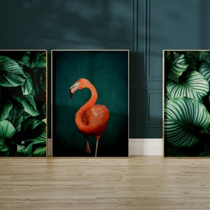 Botanical Wall Art Set of 3 Prints · Emerald Green Decor · Flamingo Print · Dark Green Wall Art · Maximalist Decor · Pink And Green Wall Art