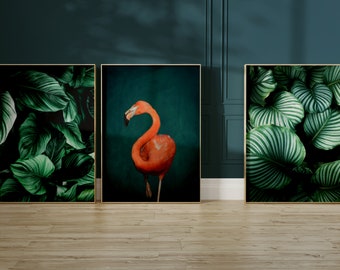 Botanical Wall Art Set of 3 Prints · Emerald Green Decor · Flamingo Print · Dark Green Wall Art · Maximalist Decor · Pink And Green Wall Art