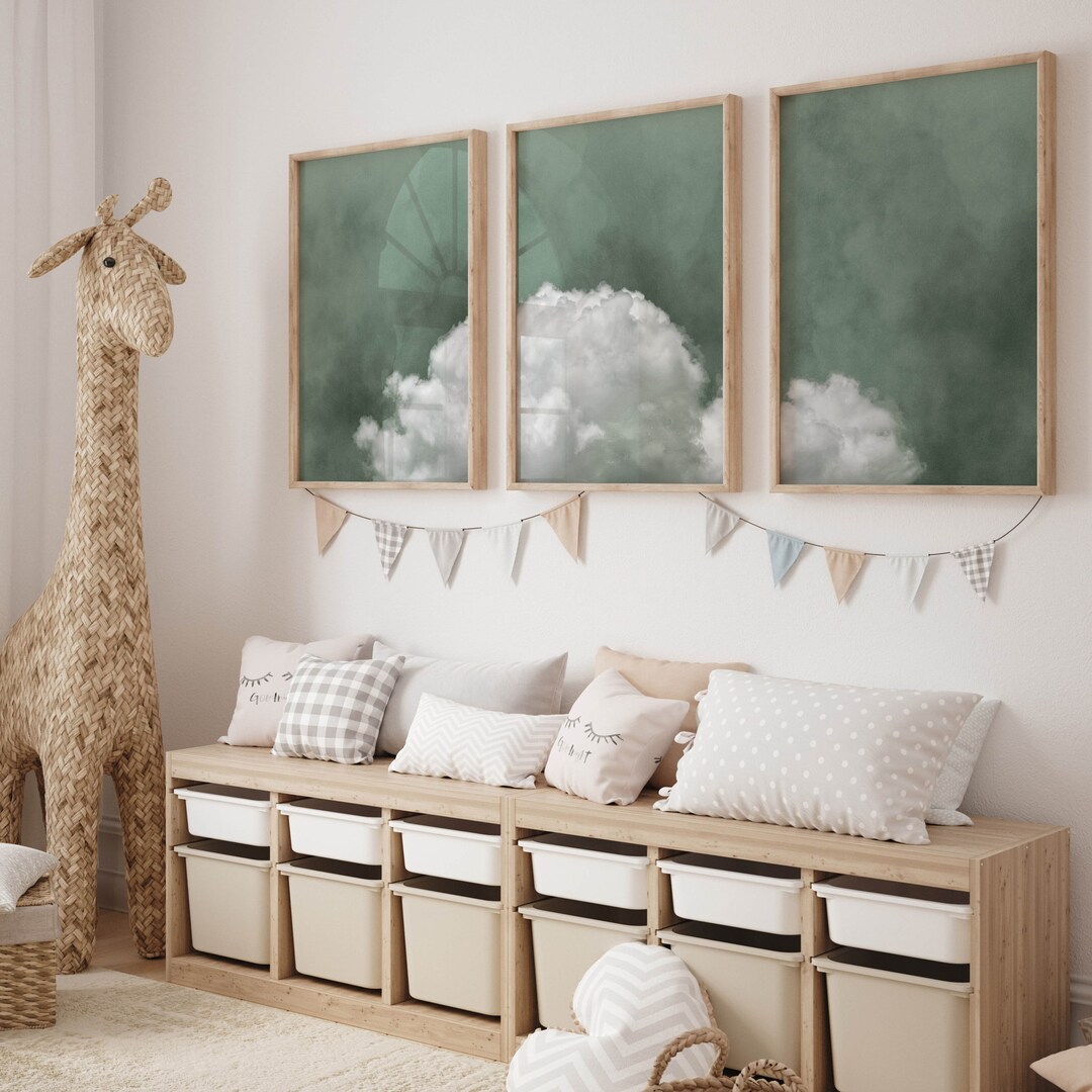 Sage Green Clouds Nursery Wall Art, Set of 3 Prints, Above Crib ...