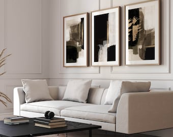 Black and Gold Abstract Wall Art, Set of 3 Prints, Minimalist, Gallery Wall Set, Living Room Decor, Bedroom, Large, Modern, Painting