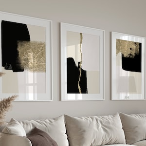 Black And Gold Wall Art · Abstract Art Set of 3 Prints · Minimalist Wall Art, Living Room Decor, Gallery Wall Set, Bedroom, Large Wall Art