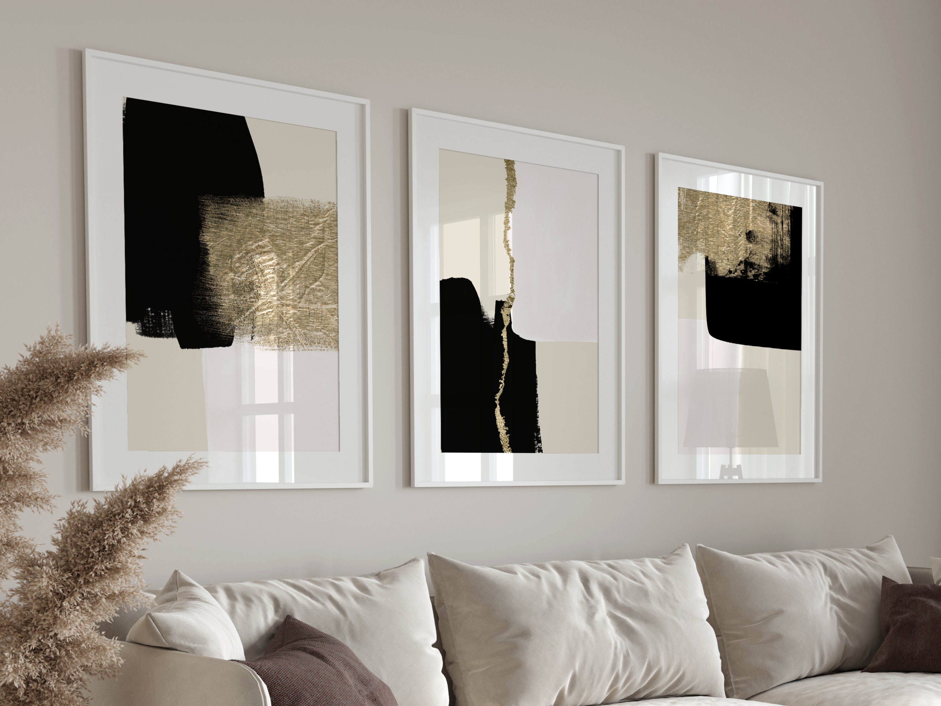 Black and Gold Wall Art Set of 3 Prints Black and Beige Wall Art ...