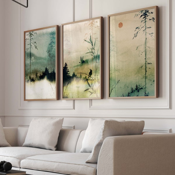 Japanese Wall Art Set of 3 Prints · Japanese Art Print · Japandi Decor · Mountain Wall Art · Minimalist Wall Art · Landscape, Green Wall Art