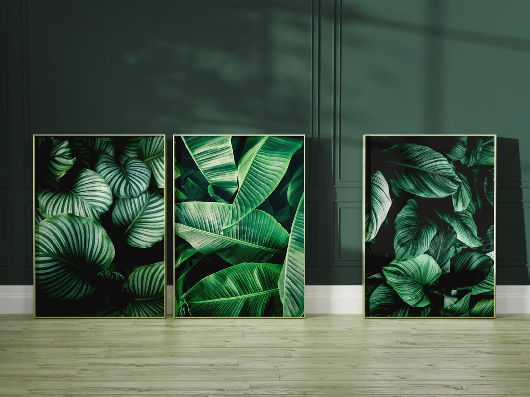 Set of 3 Prints Botanical Wall Art · Emerald Green Decor · Tropical Art