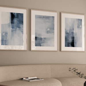 Blue Abstract Wall Art Prints, Set of 3 Prints, Minimalist Wall Art ...
