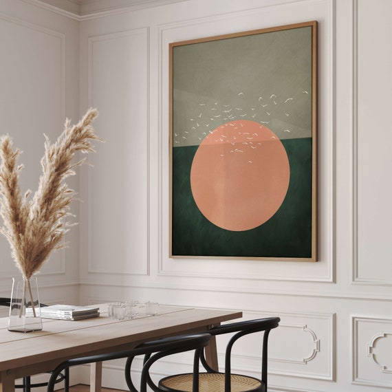 Flying Colours – Abstract Art パンク天国 7インチ Green Flying Birds Wall Art Print, Orange Sun, Japandi Art