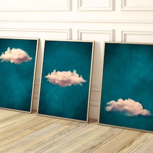 Teal Cloud Wall Art, Set of 3 Prints, Blush Pink, Gallery Wall, Minimalist Maximalist Decor, Living Room, Bedroom, Above Bed, Large, Surreal image 1