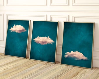 Teal Cloud Wall Art, Set of 3 Prints, Blush Pink, Gallery Wall, Minimalist Maximalist Decor, Living Room, Bedroom, Above Bed, Large, Surreal