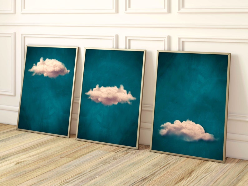 Teal Cloud Wall Art, Set of 3 Prints, Blush Pink, Gallery Wall, Minimalist Maximalist Decor, Living Room, Bedroom, Above Bed, Large, Surreal image 1