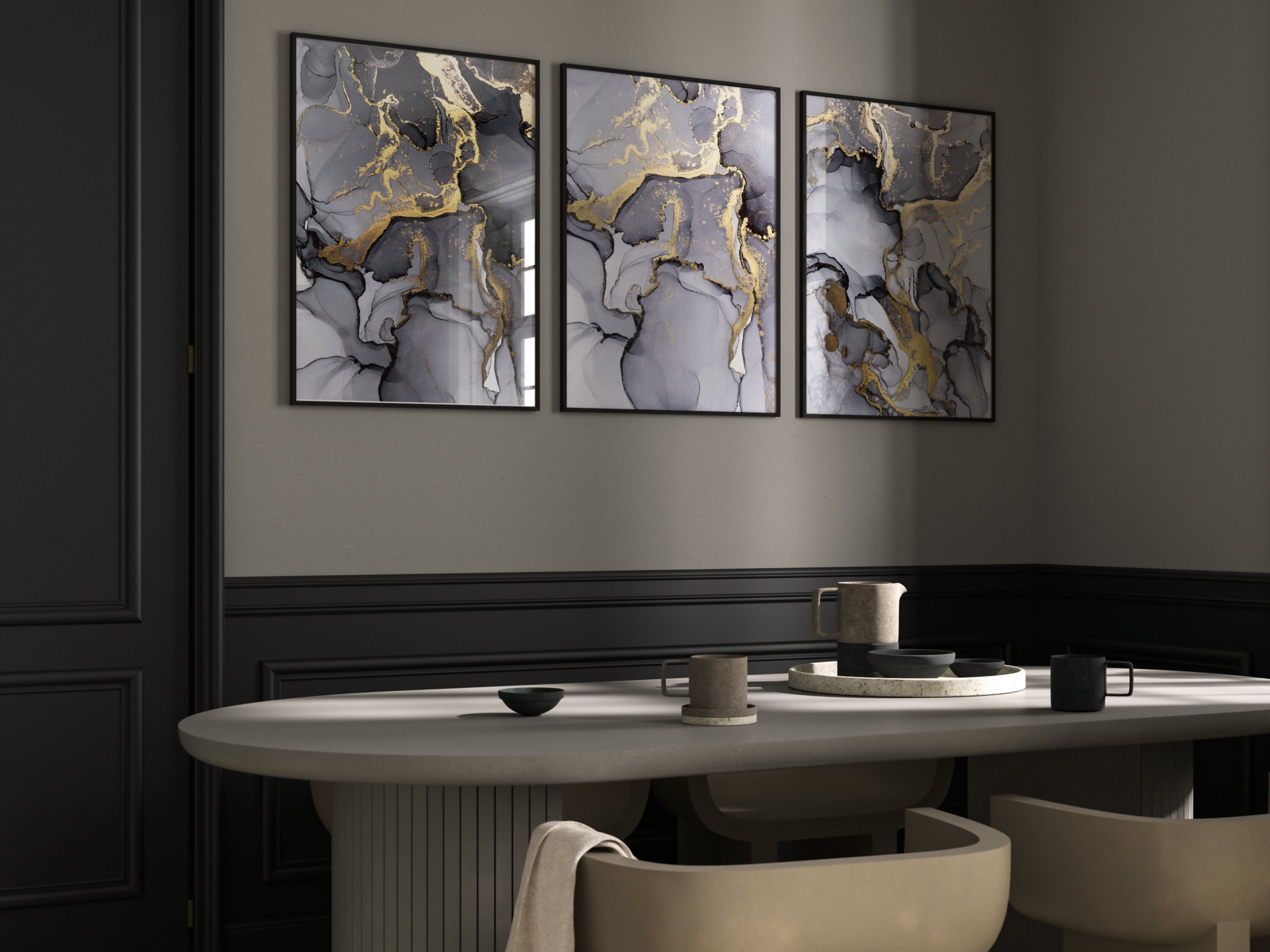 Grey and Gold Marble Wall Art · Set of 3 Prints · Black Wall Art ...