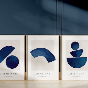 Mid Century moderne Wandkunst, 3er-Set Prints, dunkelblaues Dekor, abstrakte Kunst, Galeriewandbild, Wohnzimmerdekor, Schlafzimmer, großes Poster