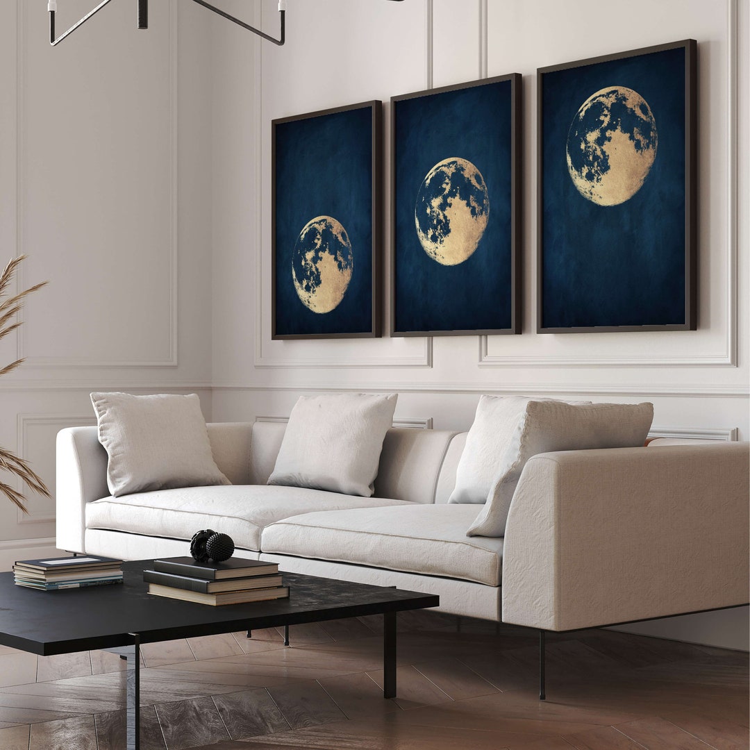 Blue and Gold Moon Wall Art Prints, Set of 3 Prints, Navy, Gallery Wall