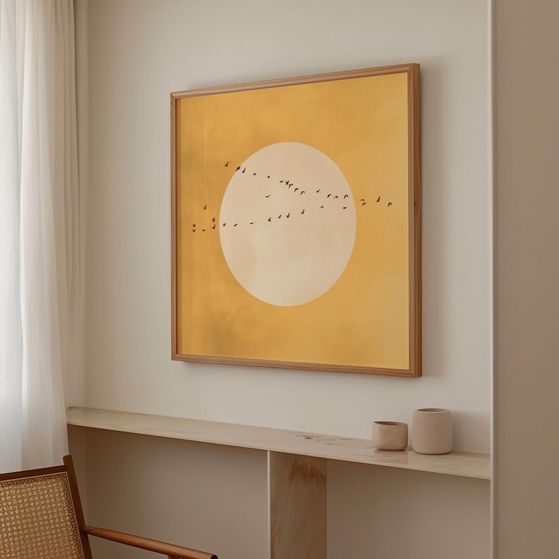 Yellow Full Moon and Birds Wall Art, Square Print, Vibrant Decor, Colourful Painting, Large