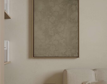 May include: A rectangular framed artwork with a muted colour scheme. The canvas displays a delicate floral design in beige and grey tones. The frame is a light wood, enhancing the artwork's gentle appearance. It's mounted on a pale wall, creating a harmonious interior design.