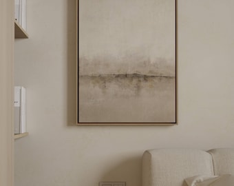 May include: A framed abstract painting with a muted color palette of beige, brown, and gray. The painting depicts a landscape with a horizon line and a reflection of the sky in water.