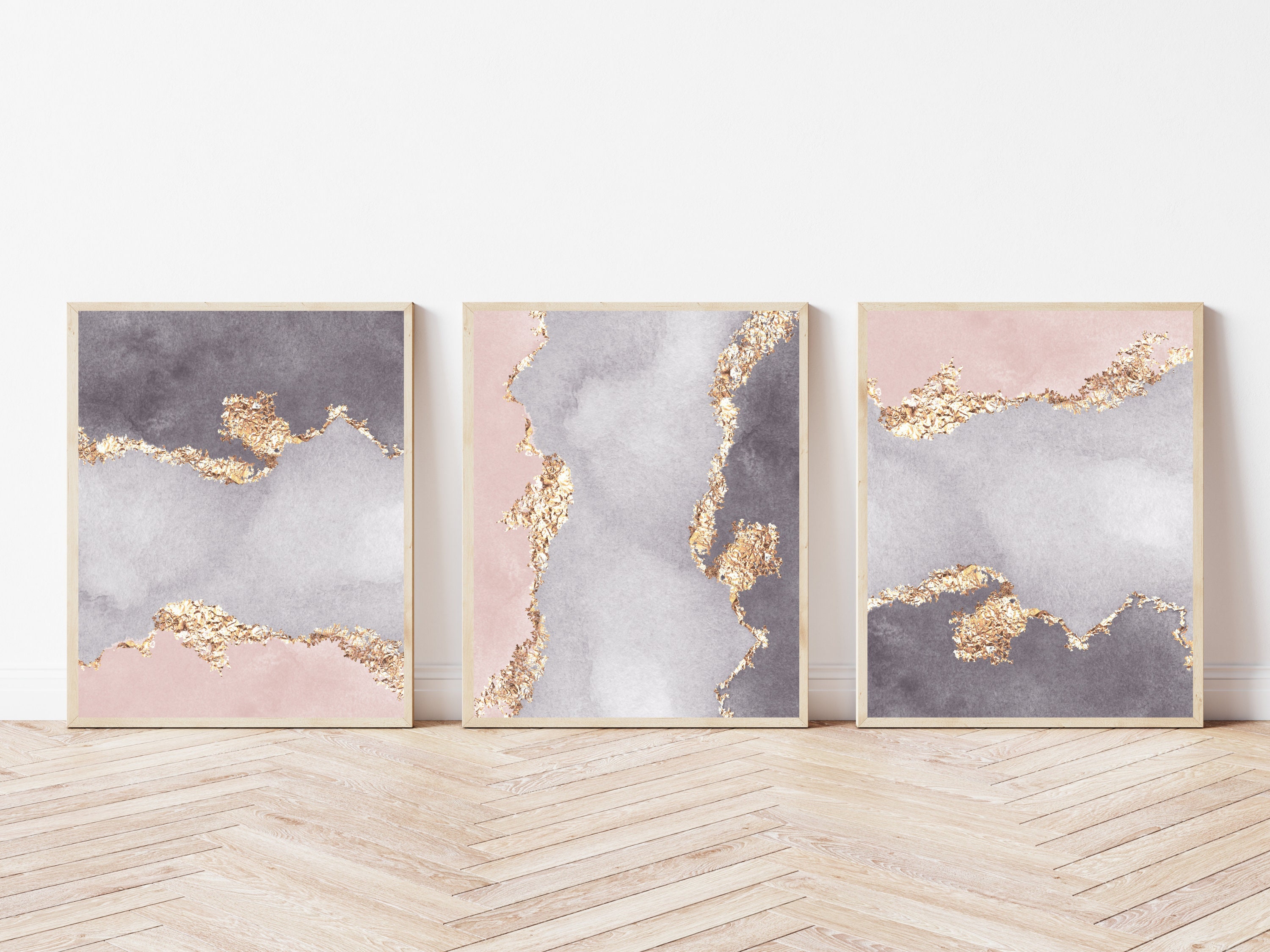 Pink and Grey Wall Art Set of 3 Prints Gold Wall Art Etsy UK