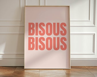 Bisous Bisous Kiss Art Print · Art mural lumineux, art mural rose et rouge, au-dessus du décor de lit, art mural de chambre à coucher, affiche de baisers français, grande police