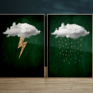 2er Set Grün-Gold-Wolkendrucke · Blitzdruck · Regenwolke · Abstrakte Kunst, Smaragdgrün-Dekor, Maximalist-Dekor, Wohnzimmer-Dekor