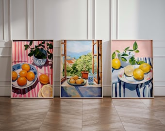 Colorful Food Art Print, Set of 3 Kitchen Wall Art, Lemons, Oranges, Still Life, Painting, Matisse Print Set of 3, Poster, Dining Room