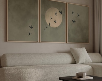 Olive Green Flying Birds Canvas Wall Art, Set of 3 Sage Green Framed Prints, Extra Large Living Room Decor, Zen Bedroom Flock Of Birds Art