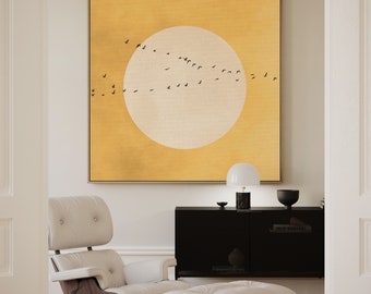 Yellow Sun Japandi Canvas Wall Art, Framed Flock of Birds Print, Asian Decor, Japanese Sun Art, Large Living Room Decor, Zen Oriental Art