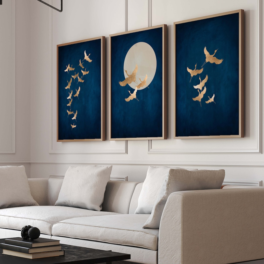Blue and Gold Cranes Wall Art Prints, Set of 3 Prints, Japanese Wall ...