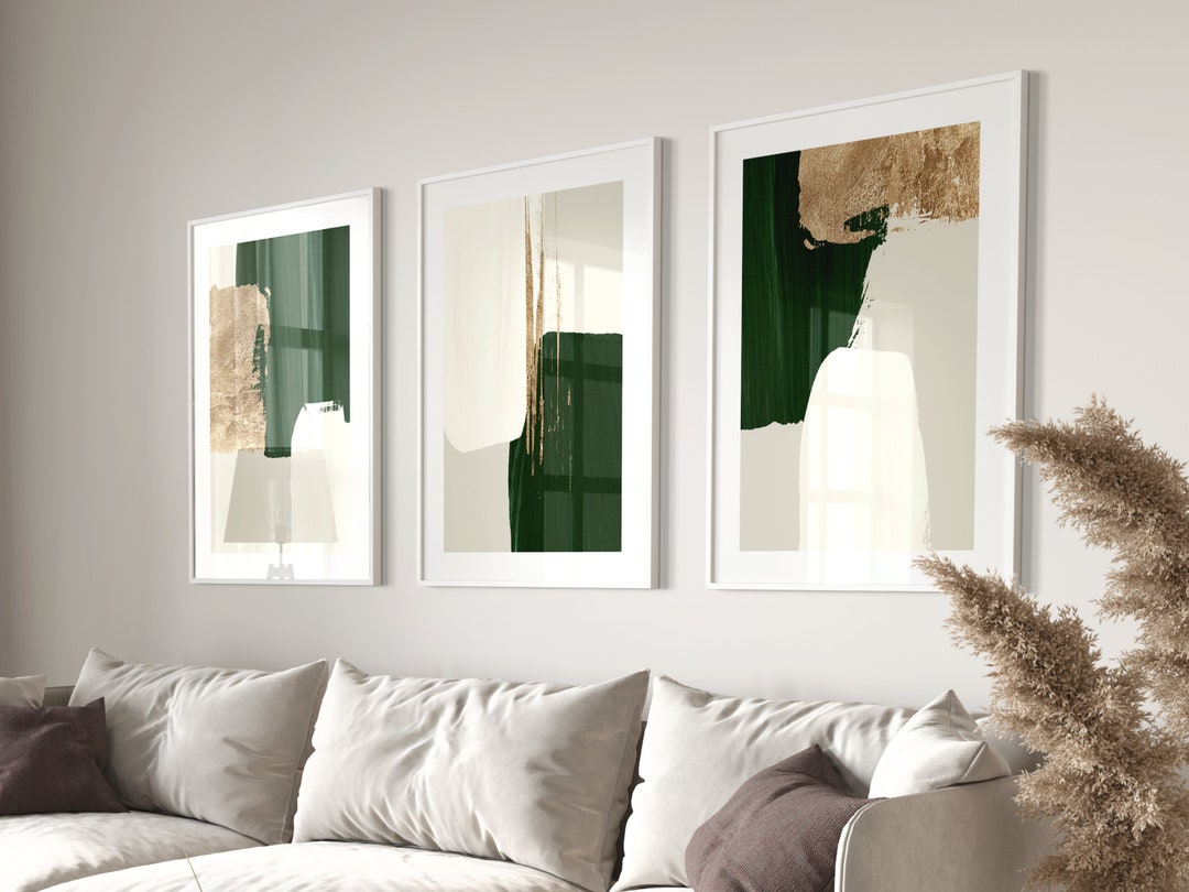 Green and Gold Wall Art, Set of 3 Prints, Emerald Green Decor, Abstract Art, Minimalist Wall Art