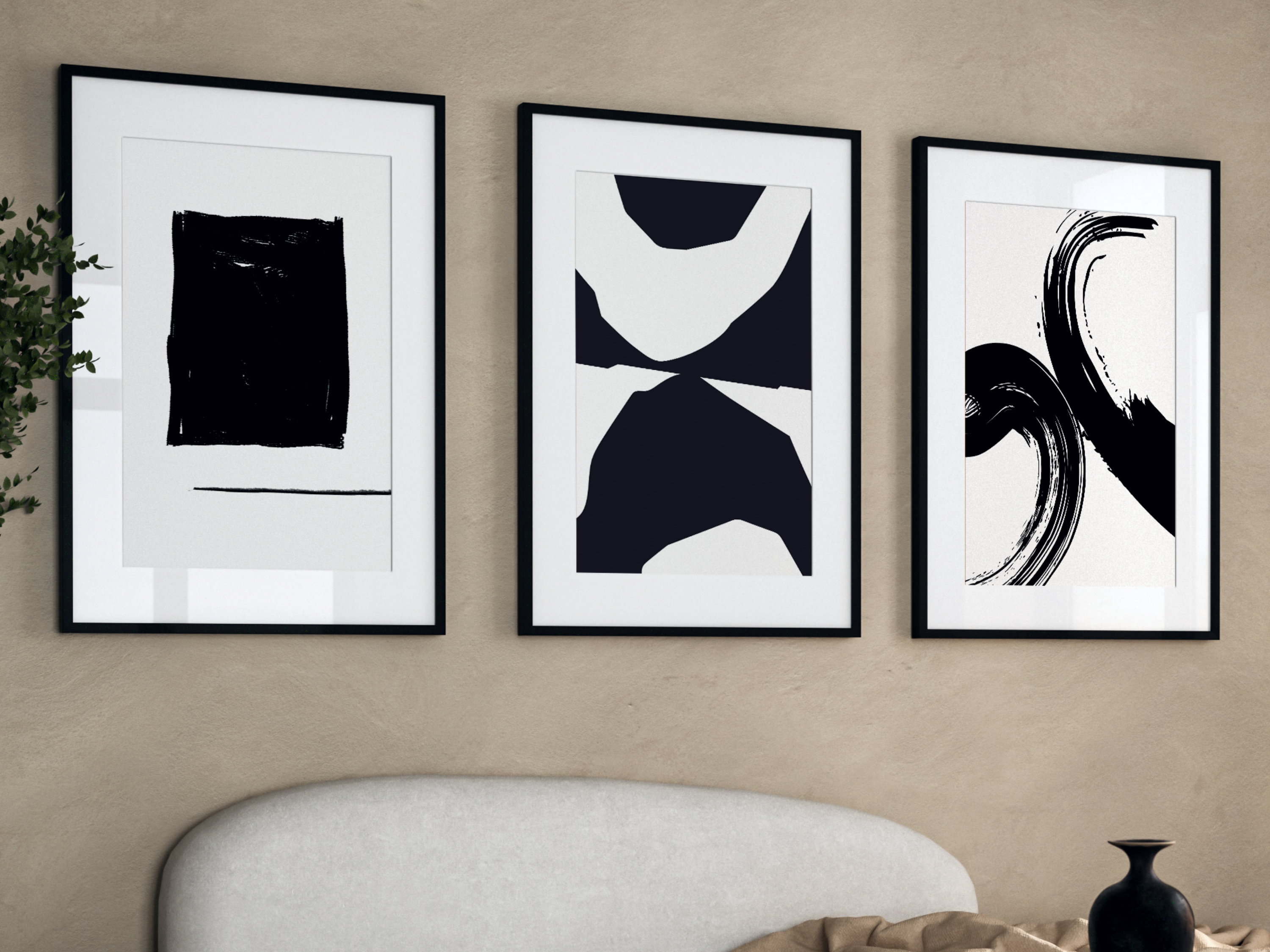 Abstract Wall Art Set of 3 Prints, Black and White Modern Minimalist ...