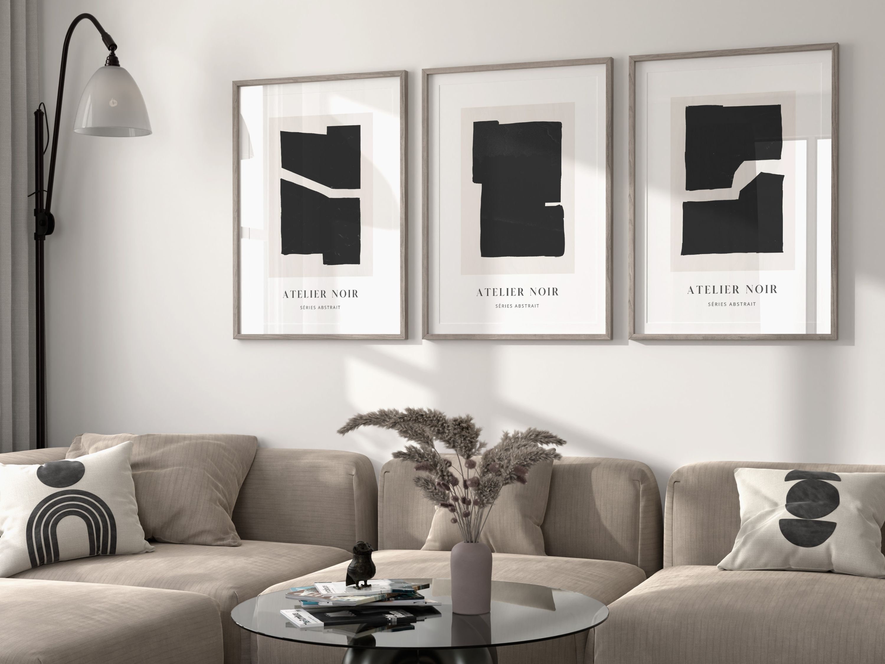 Black Beige Abstract Wall Art, Set of 3 Prints, Minimalist Exhibition ...