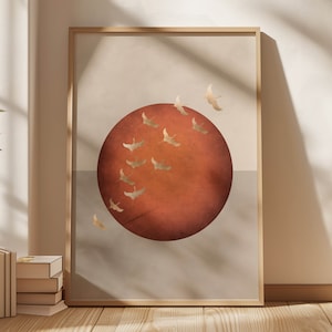 Arte de parede japonesa em ferrugem e ouro, impressão de pássaros voando com guindaste tsuru japonês, arte em Tóquio e Kyoto, decoração para sala de estar grande, arte com sol e lua terrosos