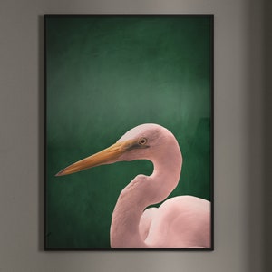 Pink Crane Emerald Green Print · Emerald Green Decor · Pink and Green · Large Wall Art · Maximalist Decor · Living Room Decor · Poster