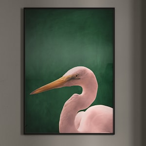 Lámina verde esmeralda de grulla rosa · Decoración verde esmeralda · Rosa y verde · Arte de pared grande · Decoración maximalista · Decoración de sala de estar · Póster