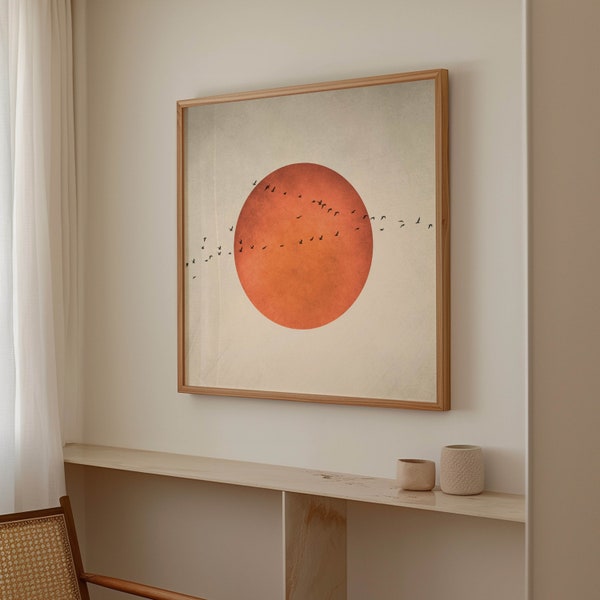 Blood Moon and Birds Wall Art, Square Print, Orange & Neutral Decor, Abstract Painting, Large Living Room Decor, Minimalist Japandi Wall Art