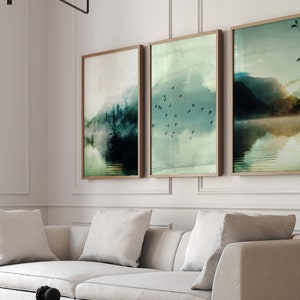 Green Mountain Wall Art, Giclée Set of 3 Prints, Birds Landscape Painting, Living Room Decor, Japandi Decor, Minimalist Wall, Bedroom, Large