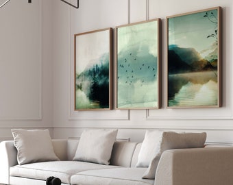 Green Mountain Wall Art, Giclée Set of 3 Prints, Birds Landscape Painting, Living Room Decor, Japandi Decor, Minimalist Wall, Bedroom, Large