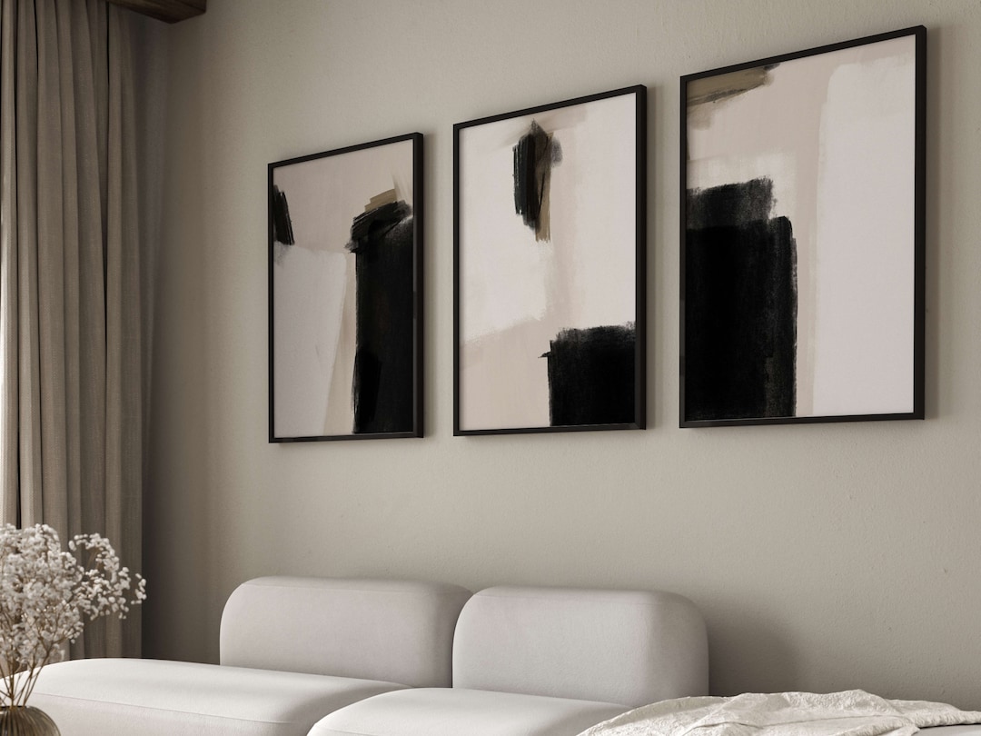 Neutral Abstract Wall Art, Set of 3 Prints, Painting, Black and Beige ...