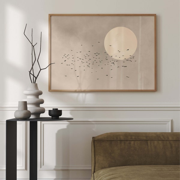 Neutrale vliegende vogels Wall Art Print, beige zon, Japandi kunst, abstract landschap, woonkamer decor, groot, Japans, slaapkamer, boven bed